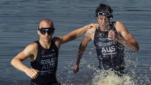 Blind triathlete Jonathan Goerlach, with his racing partner, Canberra's Jack Bigmore.