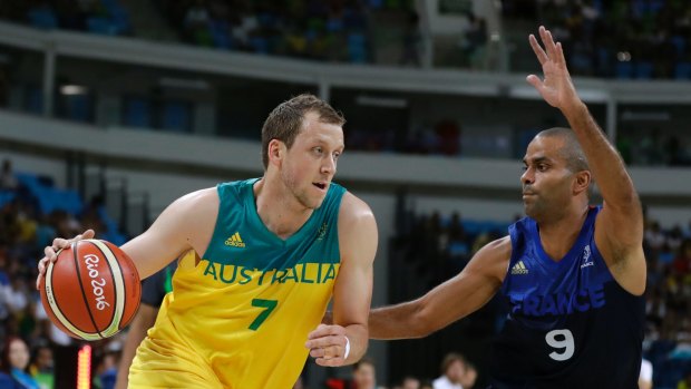 NBA star: Joe Ingles at the Olympics, being guarded by Tony Parker.