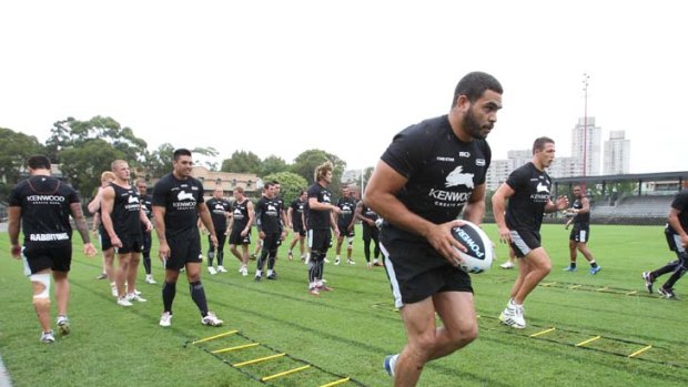 Time to deliver ... Prized Rabbitoh Greg Inglis at training this week.