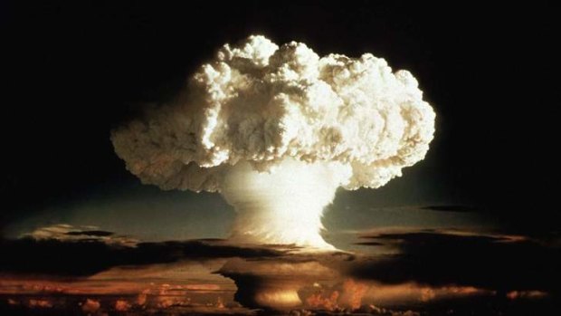 The mushroom cloud of the first test of a hydrogen bomb in 1952.  Officials drafted an emotional rallying cry for Queen Elizabeth II in 1983 as part of an exercise simulating the outbreak of nuclear war.