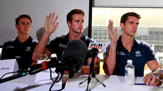 Fronting up &#8230; Australia's 4x100m Olympic swimming team faces the media in Sydney after owning up to pre-Games pranks and taking sleeping tablets at a training camp in Manchester.