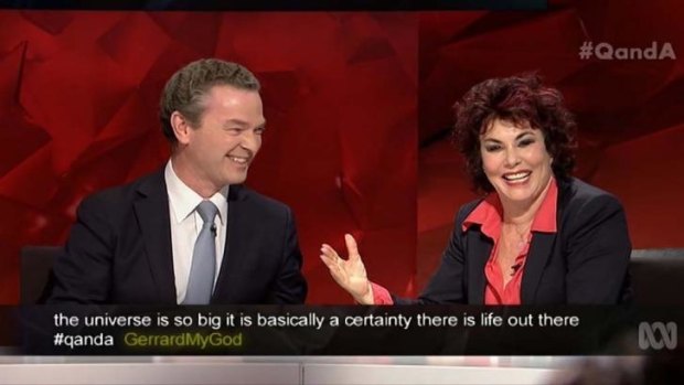 Good humoured ... Christopher Pyne jokes with US comedian Ruby Wax about starting out a colony on another planet on Q&A.