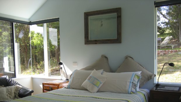 Tucked away in the hills ... the bedroom at Johanna Alpacas has a seaside feel.