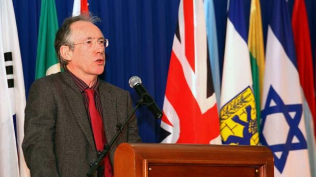 British author Ian McEwan delivers a speech after receiving the 2011 Jerusalem Prize.