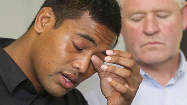 Tearful: Julian Savea apologises during a press conference. The Hurricanes and All Blacks star has been charged with common assault.