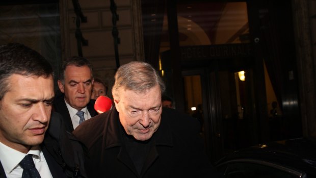 Cardinal George Pell leaving the Quirinale Hotel following the Royal Commission hearing on Tuesday.