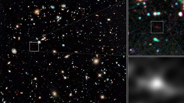 The farthest and one of the very earliest galaxies ever seenappears as a faint red blob in this ultra-deep field exposure taken with NASA's Hubble Space Telescope.