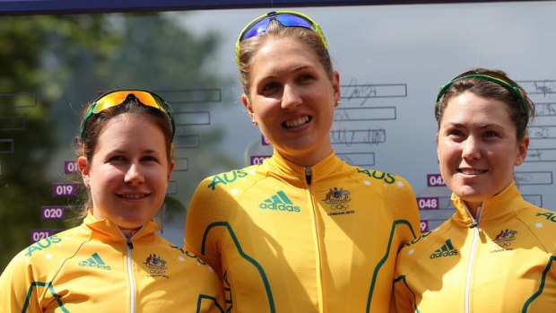 Optimistic: Shara Gillow, centre, with fellow Olympians Chloe Hosking, right, and Amanda Spratt, before the women's road race at last year's London Games.