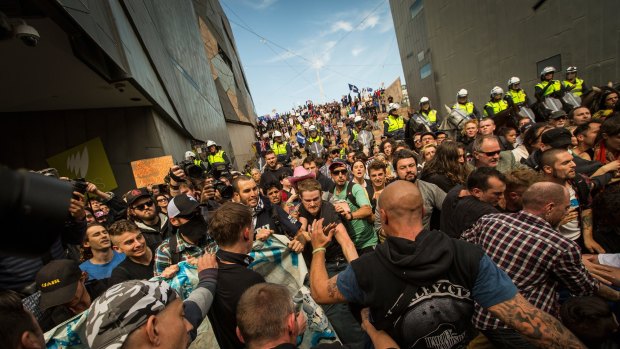  Rally against racism  protestors clash with Reclaim Australia protestors at Federation Square on April 4, 2015, in Melbourne, Australia.  