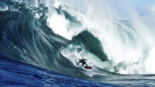 Extraordinarily exhilarating &#8230; Ross Clarke-Jones bumps down the face of a giant wave at Shipstern Bluff off the Tasmanian coast.