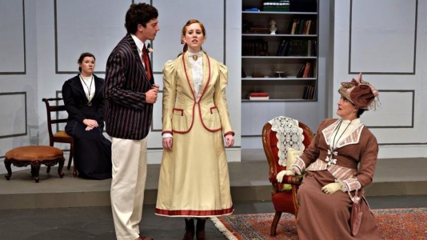 The Importance of Being Earnest: Kayleigh Brewster (Gwendolen), Miles Thompson (Algernon), Jessica Symonds (Cecily), and Karen Vickery (Lady Bracknell). 