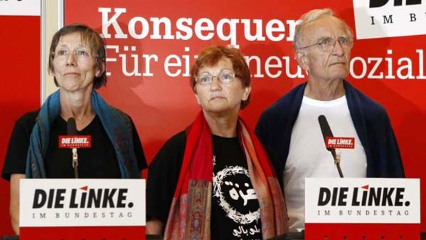 German left-wing Die Linke party members Annette Groth, Inge Hoeger and Norman Paech, who were on board one of the Gaza-bound aid ships, speak to the media after their return from Israel.