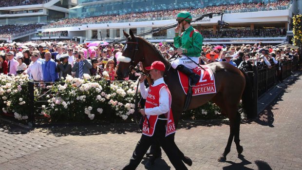 Christophe Lemaire riding Verema walks out for the start of race 7 the Melbourne Cup.