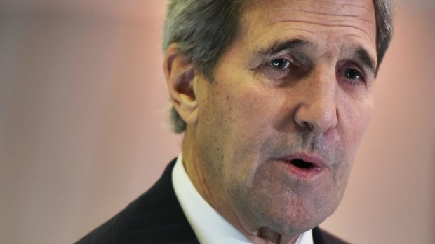 US Secretary of State John Kerry speaks to reporters following a meeting with France's Foreign Minister Laurent Fabius.
