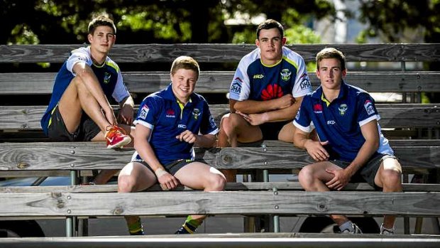 Junior Raiders, (L-R) Lachlan Lewis (nephew of Wally Lewis), Zac Woolford (son of Simon Woolford), Morgan Boyle (son of David Boyle), and Lachlan Croker (nephew of Jason Croker) at the Northbourne Oval.