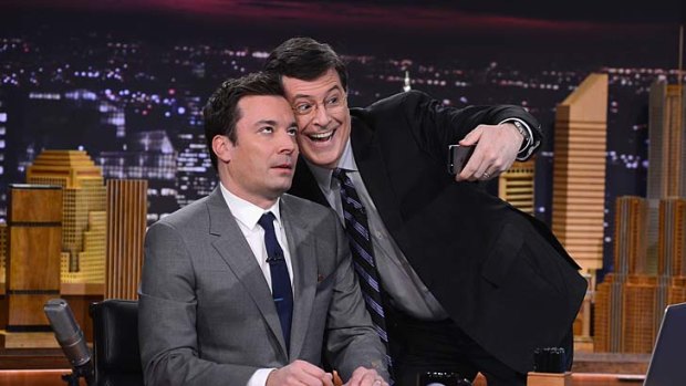 Debut: Stephen Colbert visits <i>The Tonight Show Starring Jimmy Fallon</i> at Rockefeller Center.