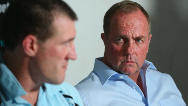 Difficult days: Paul Gallen of the Sharks and coach Peter Sharp.