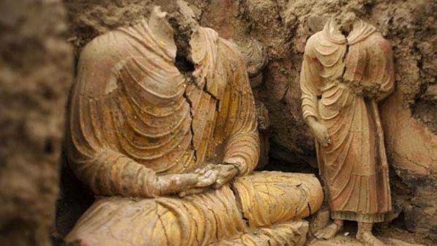 Ancient Buddha statues inside a temple in Mes Aynak, south of Kabul.
