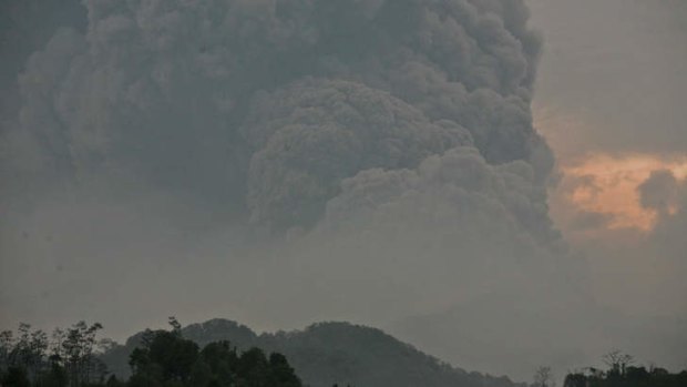 Mount Kelud erupts, as seen from Mbalak village in Blitar  East Java, Indonesia.
