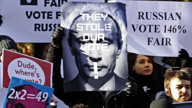 Russian residents in Britain demonstrate outside Britain's Houses of Parliament. Tens of thousands of people took to the streets across Russia on Saturday to demand an end to Vladimir Putin's rule and a rerun of the parliamentary election in the biggest opposition protests since he rose to power more than a decade ago.