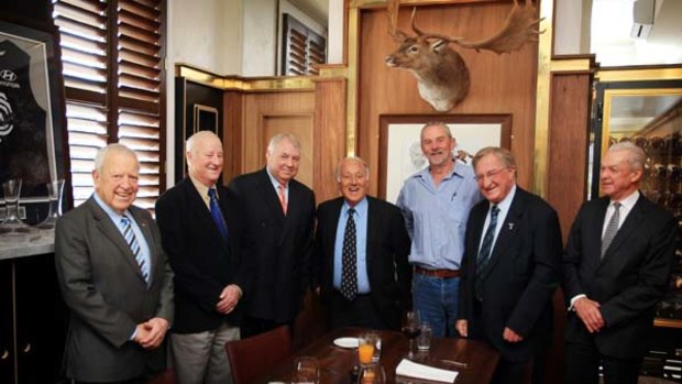 Luncheon of the Presidents Premiership Club - left to right - Allen Aylett, Lloyd Holyoake, Graeme McMahon, Frank Costa, Robert Walls as guest speaker, John Elliott and David Shaw.