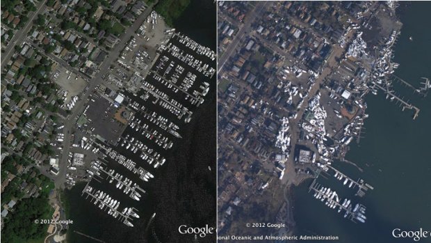 New York City borough Staten Island before, left, and after Sandy hit.