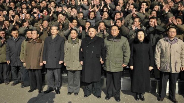 North Korean leader Kim Jong-un (fourth from right)   during a visit to North Korea's State Academy of Sciences.