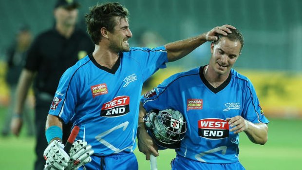 Nathan Reardon and Michael Klinger of Adelaide celebrate after the win.