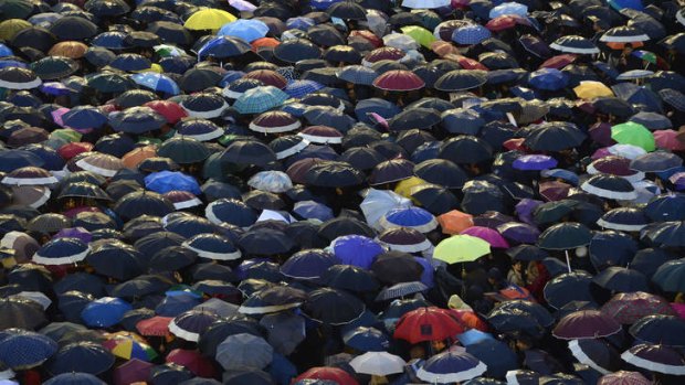 The faithful wait under their umbrellas at St Peter's square.