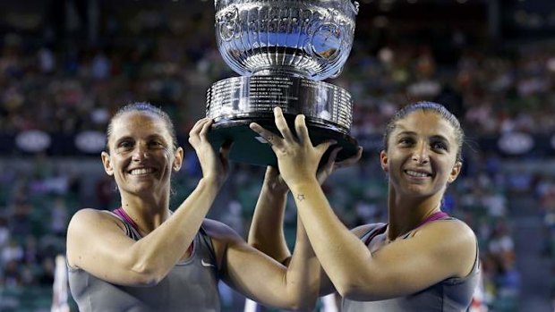 Sara Errani (right) and Roberta Vinci celebrate their win.