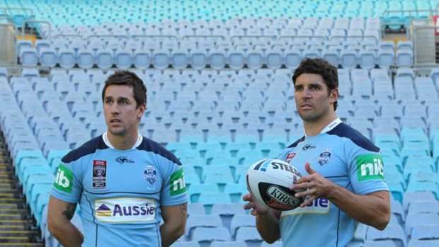 Blues brothers ... Mitchell Pearce and Trent Barrett.