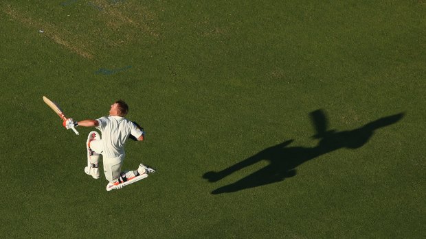 David Warner of Australia celebrates after scoring his double century during day one of the second Test match between Australia and New Zealand at the WACA Ground.