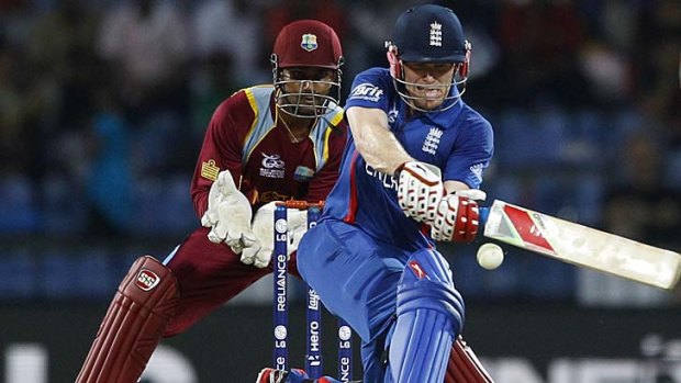England's batsman Eoin Morgan in action against the West Indies during the ICC Twenty20 Cricket World Cup in Sri Lanka.
