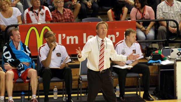 On his feet &#8230; Hawks coach Gordie McLeod during Wollongong's match against Perth at the Wollongong Entertainment Centre.