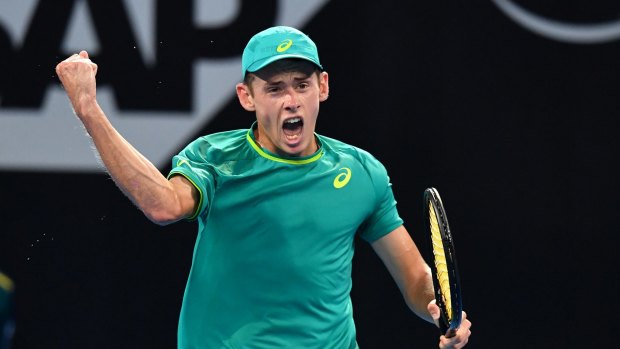 Rallying cry: Alex de Minaur evokes a young Lleyton Hewitt after winning the first set against Steve Johnson of the USA.