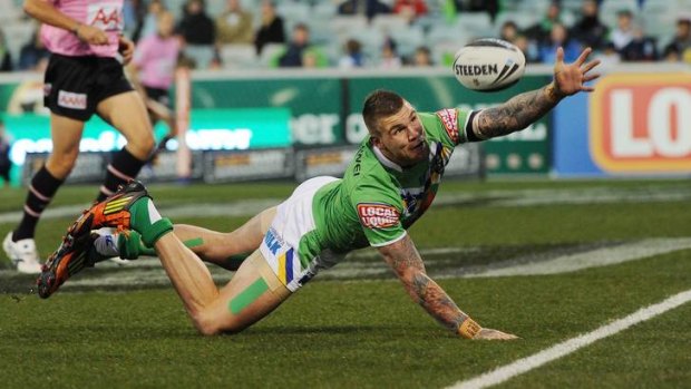 Josh Dugan just fails to ground the ball for a try.