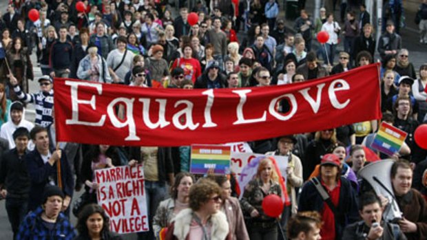 Gay activists and supporters march in protest through central Melbourne.