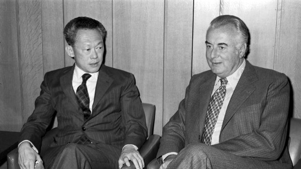 Prime ministers Lee Kuan Yew and Gough Whitlam in 1975.
