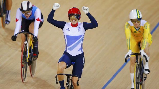 Britain's Victoria Pendleton celebrates after winning the women's keirin finals during the London Olympics.