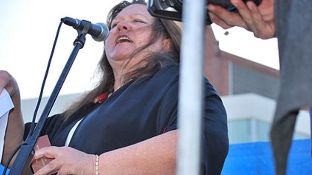 Gina Rinehart rallies the troops at the anti-mining tax rally in Perth.