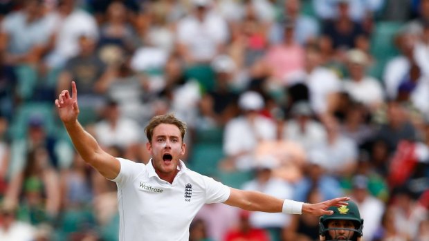 On song: Stuart Broad reacts as James Anderson nearly catches Stiaan Van Zyl during day three of the third Test at Wanderers Stadium.