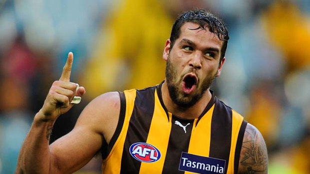 Hawthorn's Lance Franklin celebrates one of his five goals against the Brisbane Lions.