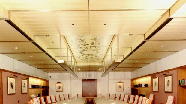 The marquetry on the ceiling of the cabinet room is Annabel Crabb's favourite thing in Parliament House. Tony Bishop (Artist) (born 1940) and Michael Retter (Fabricator) (born 1935) Ceiling coffer panel made up of 21 parts (1985-1987) Art/Craft Program Commission, Parliament House Art Collection, Department of Parliamentary Services, Canberra, ACT