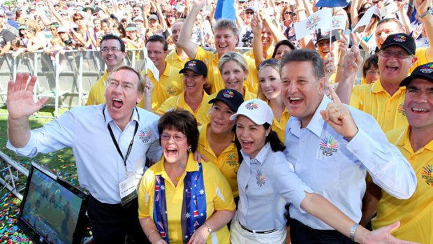 In November 2011, Gold Coast councillors Peter Young and Daphne McDonald, Member for Broadwater Peta-Kaye Croft, Andrew Bell and the Gold Coast bid team members celebrate the town winning the bid to host the 2018 Commonwealth Games.