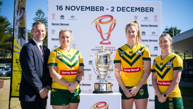 New Canterbury CEO Andrew Hill with some of the Jillaroos who will appear at the World Cup.