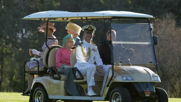 Her Majesty The Queen toured the Government House gardens in Canberra observing the resident kangaroos in a solar powered people mover on Thursday 20 October 2011.