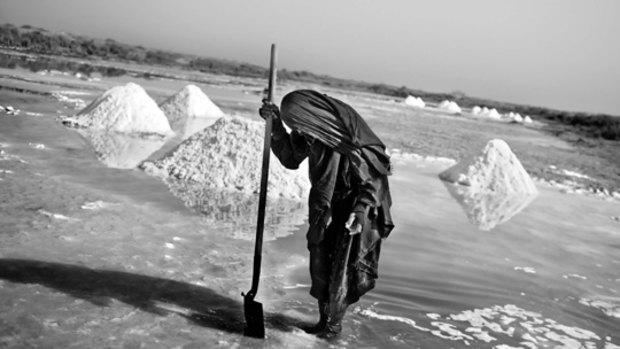 Bashia Mohammed gathers salt, surrounded by a sewer.