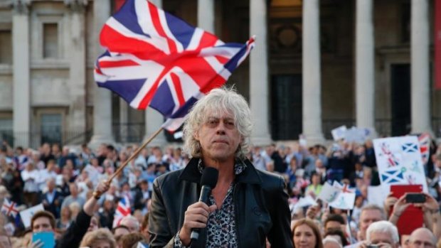Let's stay together: Irish artist Bob Geldof delivers a speech during a pro-union rally at Trafalgar square in central London.