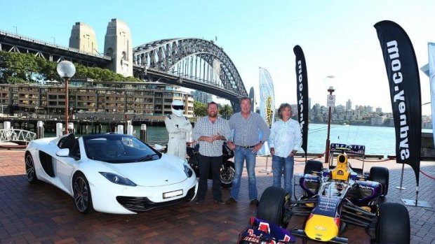 Jeremy Clarkson, centre, with the Top Gear team in Sydney in 2013.