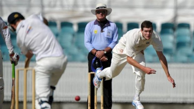 Career best: Queanbeyan's Josh Bennett on his way to 6-27 against Wests at Manuka Oval.